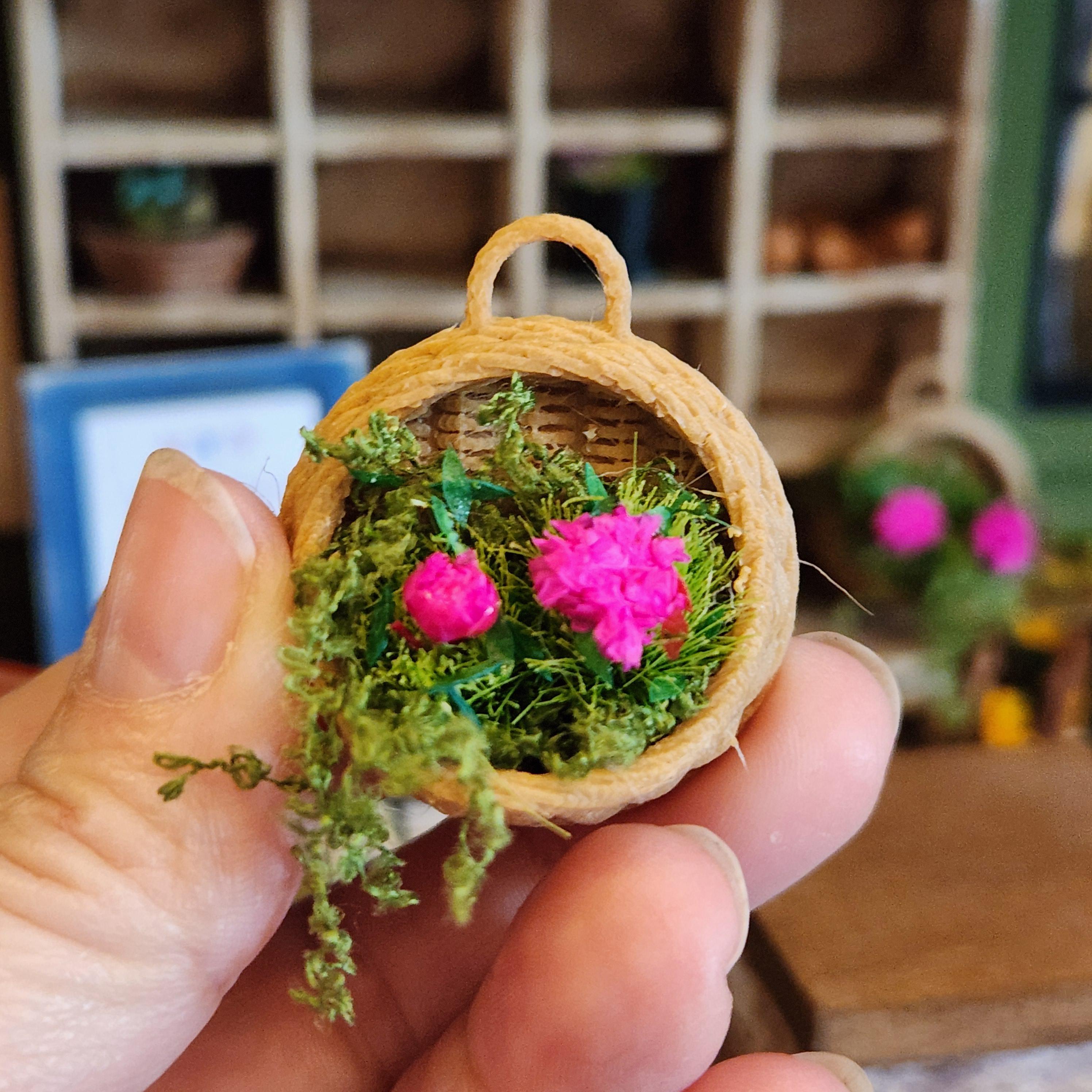 1:12 Scale Hanging Flower Basket | Miniature Red or Pink Geraniums