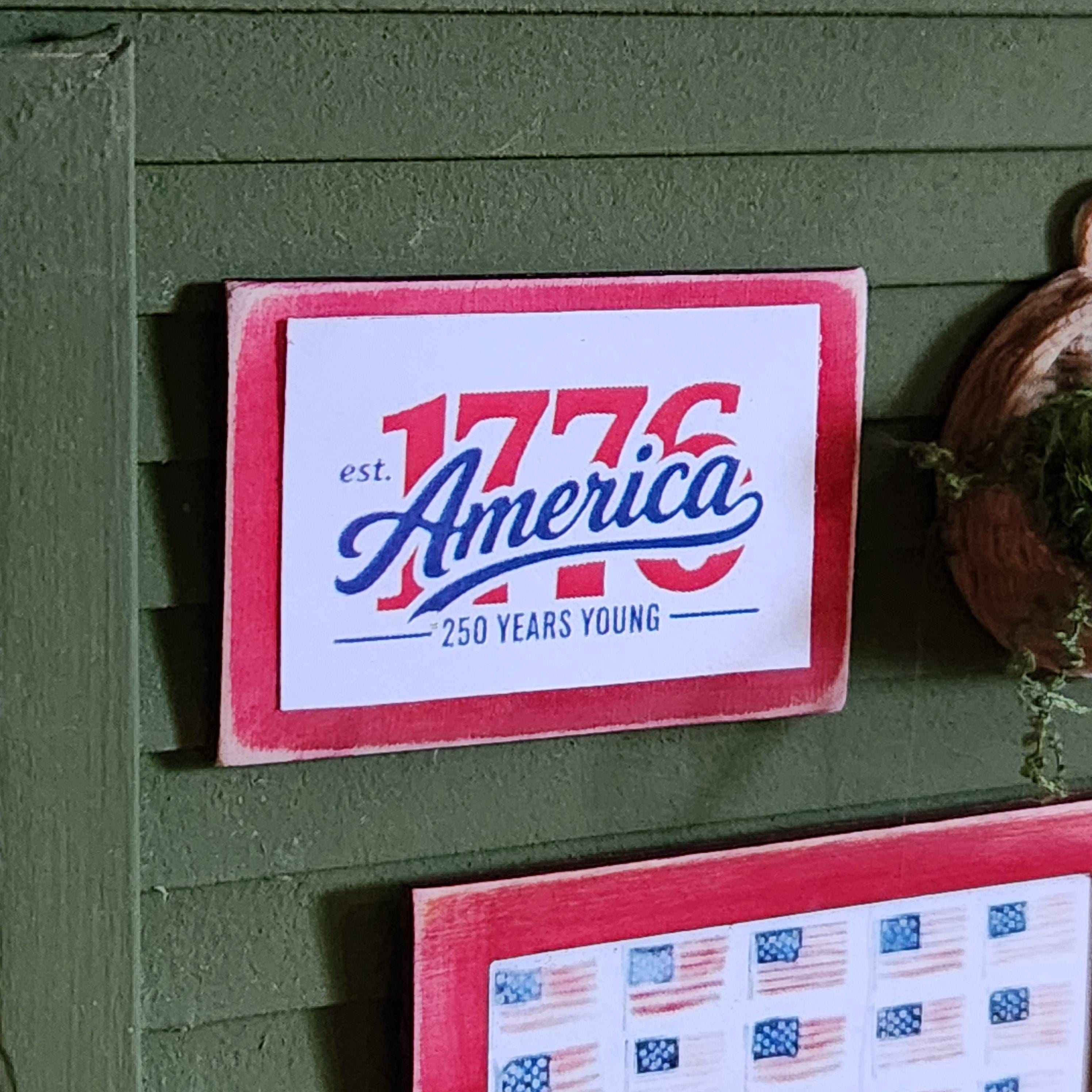 1:12 Scale 1776 America 250 Wood Sign | Miniature American Flag Wall Art | Patriotic Fourth of July Tiny Home Accessory