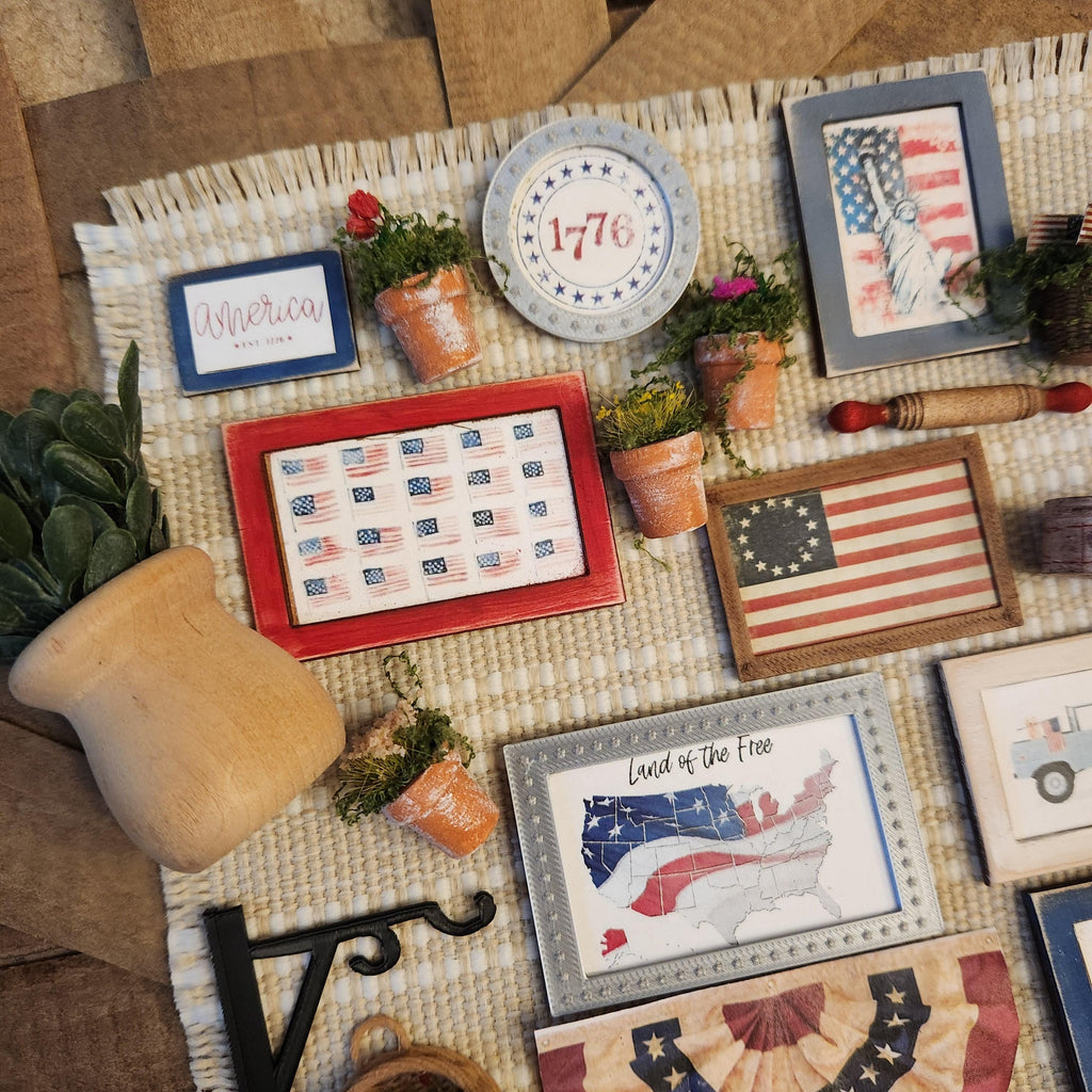 1:12 Scale Multi Flag Wood Sign | Miniature American Flag Wall Art | Patriotic Fourth of July Tiny Home Accessory