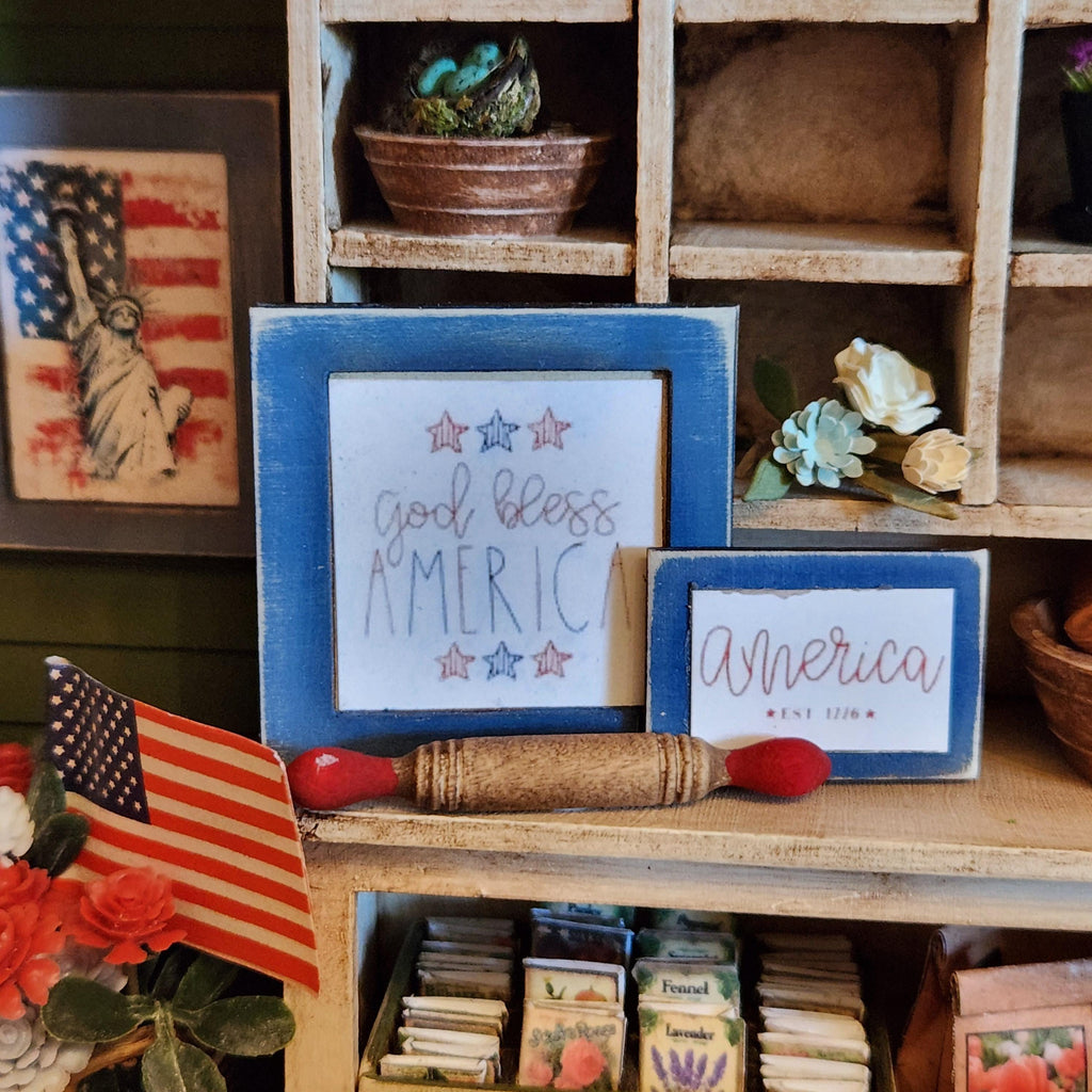 1:12 Scale America Est 1776 Wood Sign | Miniature American Flag Wall Art | Patriotic Fourth of July Tiny Home Accessory