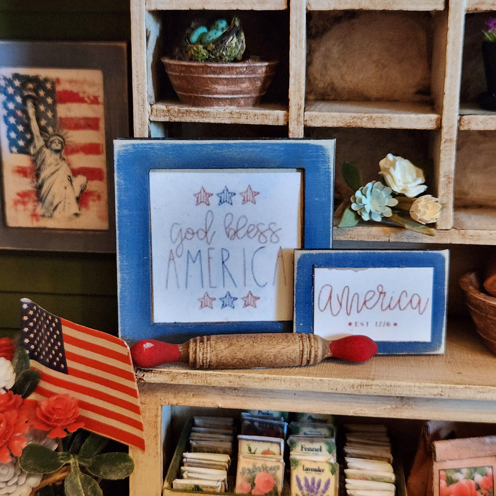 1:12 Scale God Bless America Wood Sign | Miniature American Flag Wall Art | Patriotic Fourth of July Tiny Home Accessory