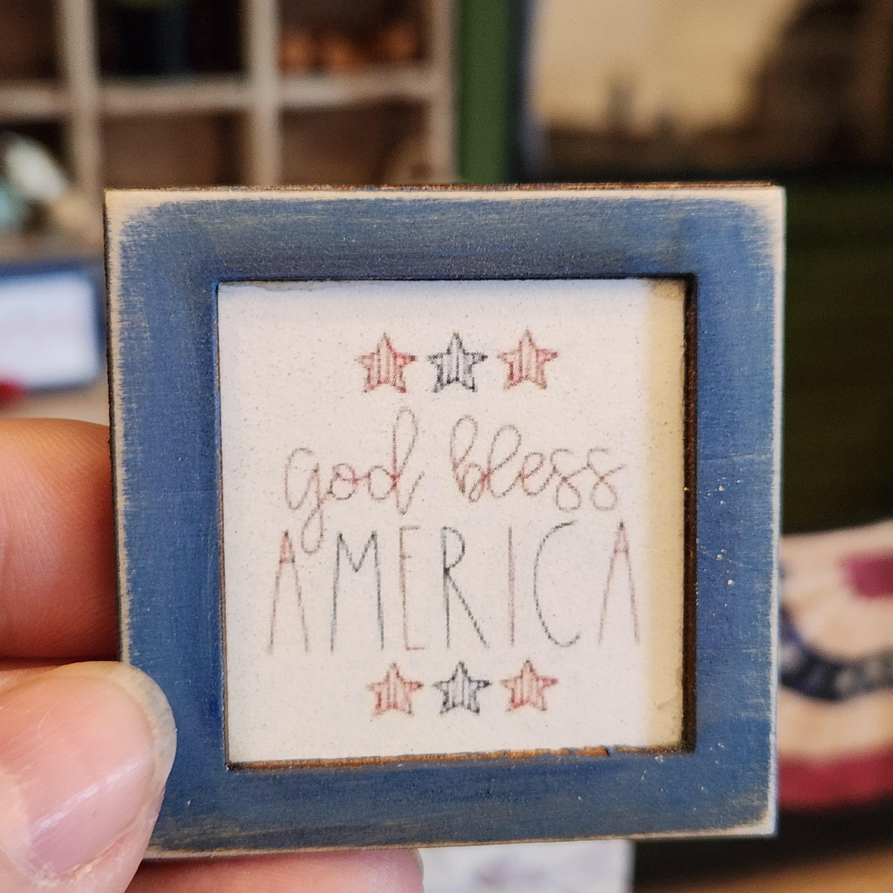 1:12 Scale God Bless America Wood Sign | Miniature American Flag Wall Art | Patriotic Fourth of July Tiny Home Accessory