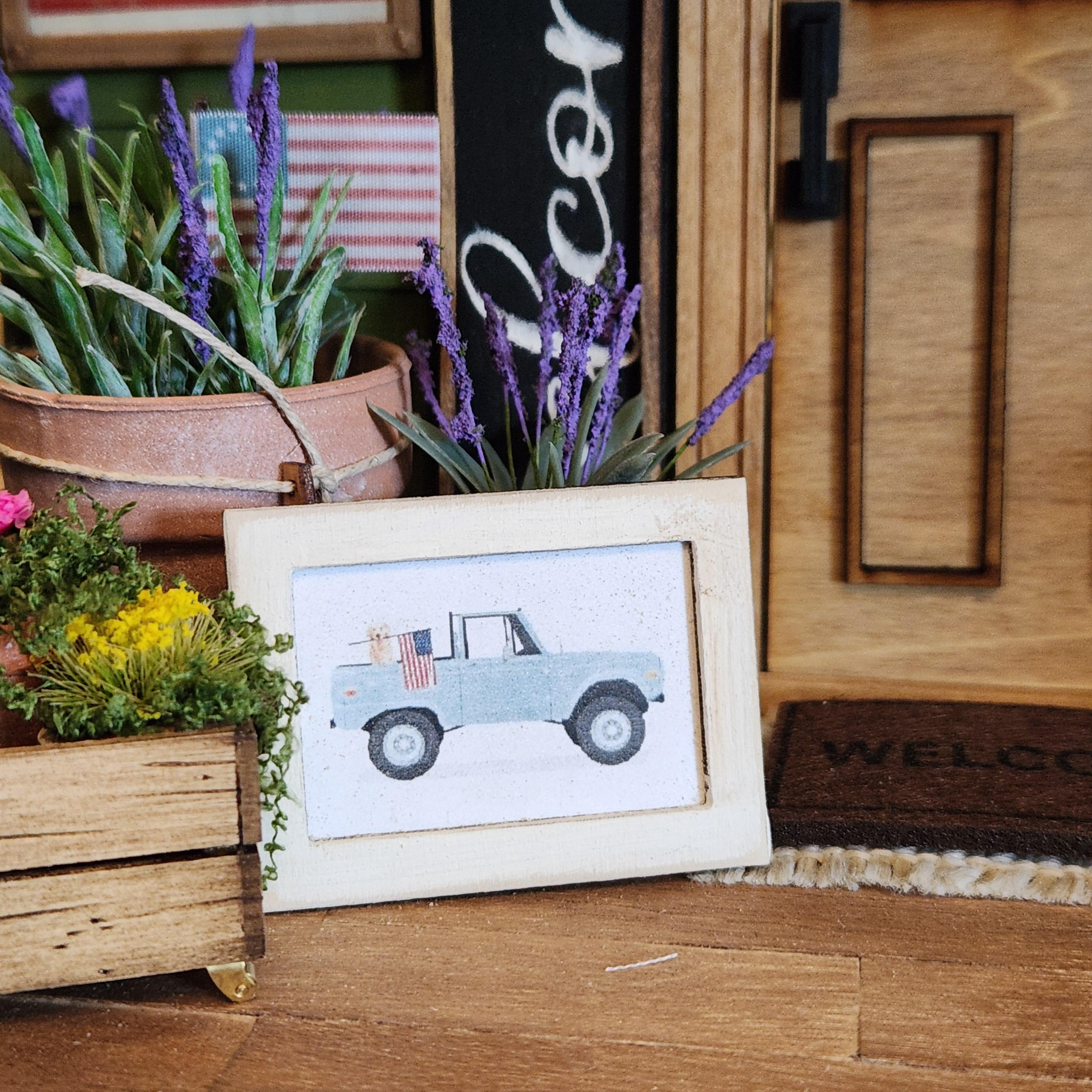 1:12 Scale American Truck with Flag Wood Sign | Miniature American Flag Wall Art | Patriotic Fourth of July Tiny Home Accessory