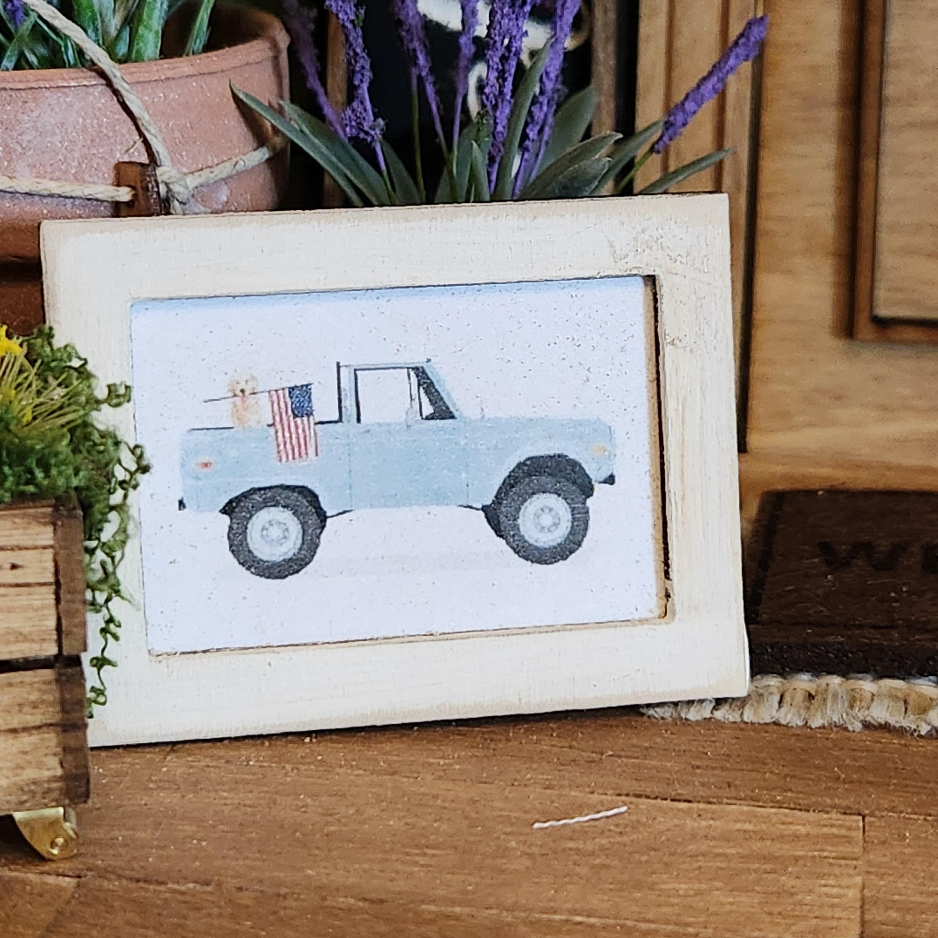 1:12 Scale American Truck with Flag Wood Sign | Miniature American Flag Wall Art | Patriotic Fourth of July Tiny Home Accessory