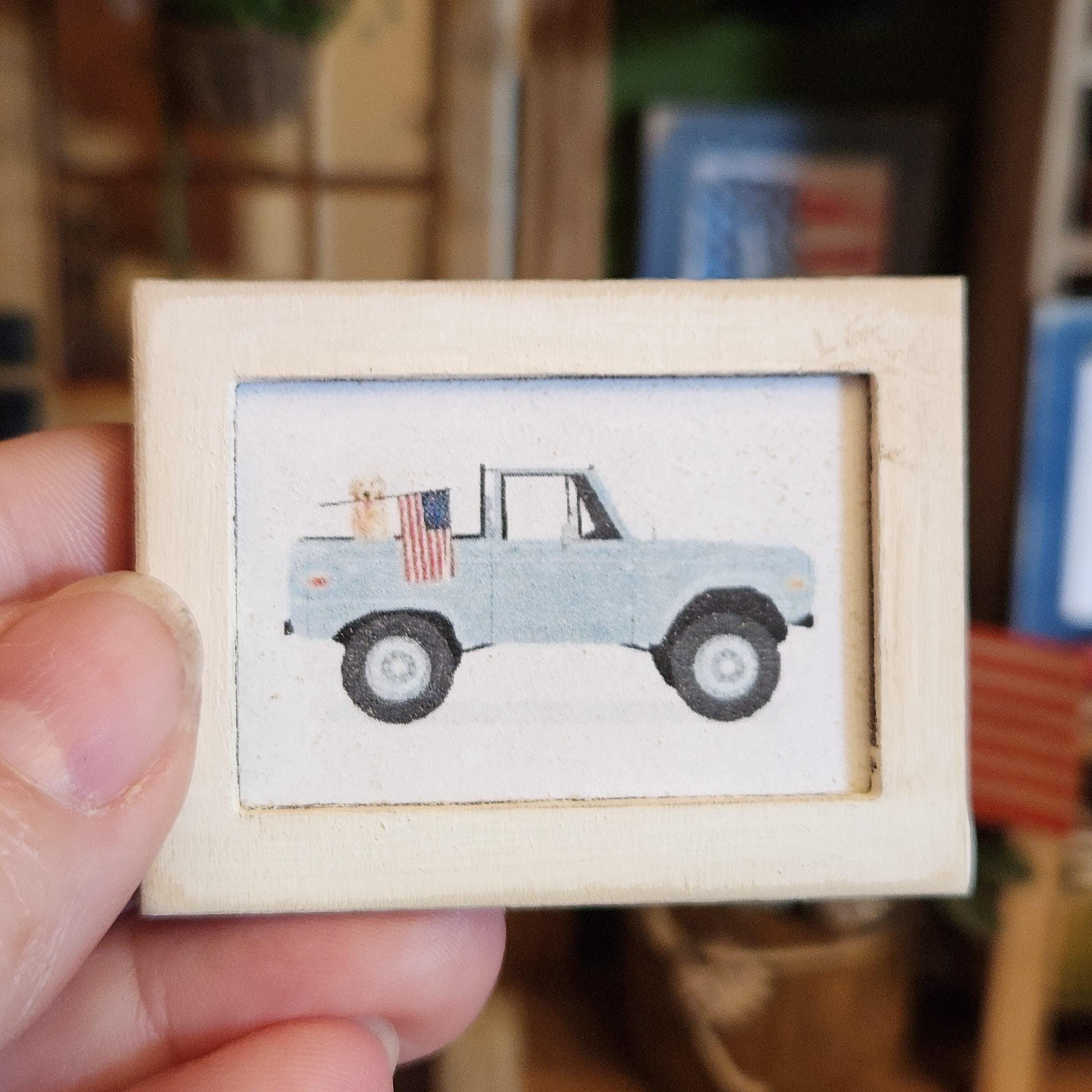 1:12 Scale American Truck with Flag Wood Sign | Miniature American Flag Wall Art | Patriotic Fourth of July Tiny Home Accessory