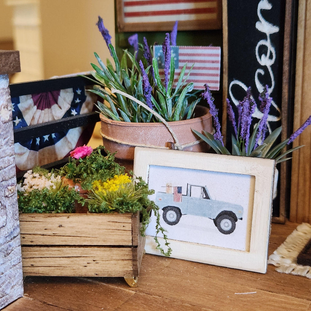 1:12 Scale American Truck with Flag Wood Sign | Miniature American Flag Wall Art | Patriotic Fourth of July Tiny Home Accessory