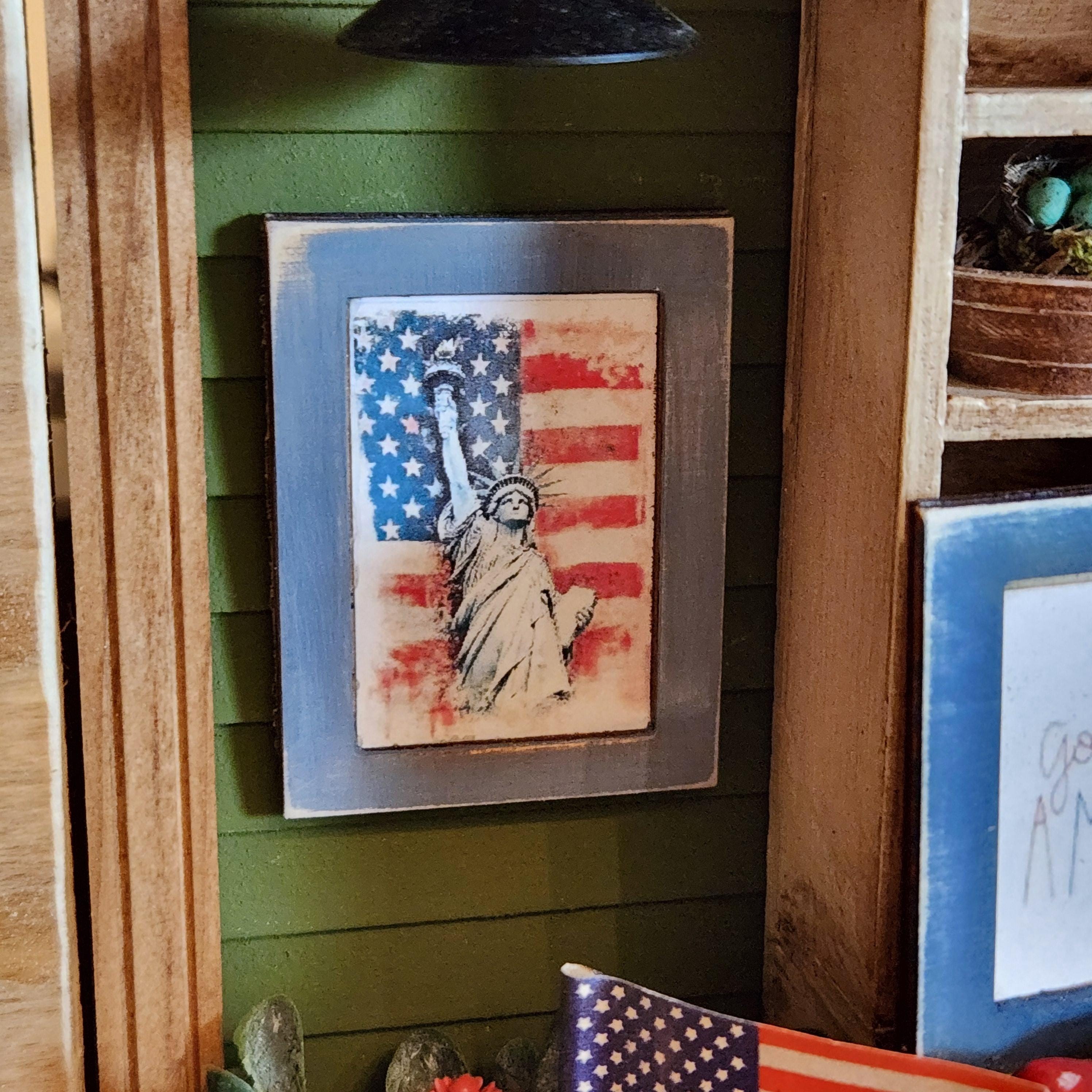 1:12 Scale Statue of Liberty Wood Sign | Miniature American Flag Wall Art | Patriotic Fourth of July Tiny Home Accessory