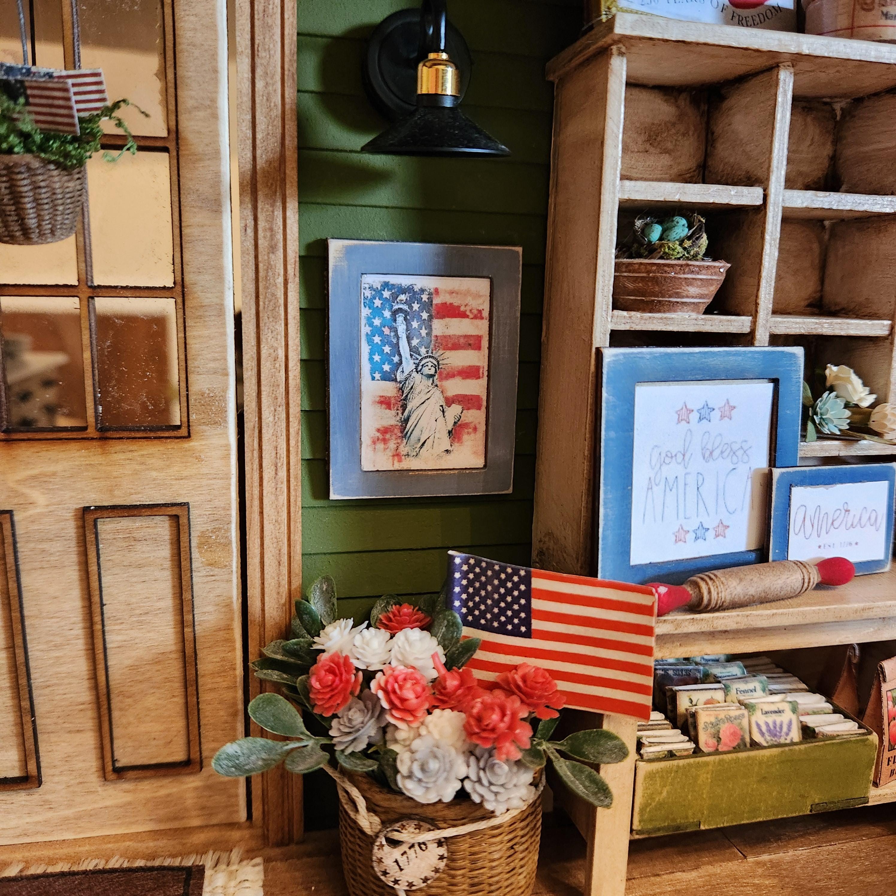 1:12 Scale Statue of Liberty Wood Sign | Miniature American Flag Wall Art | Patriotic Fourth of July Tiny Home Accessory