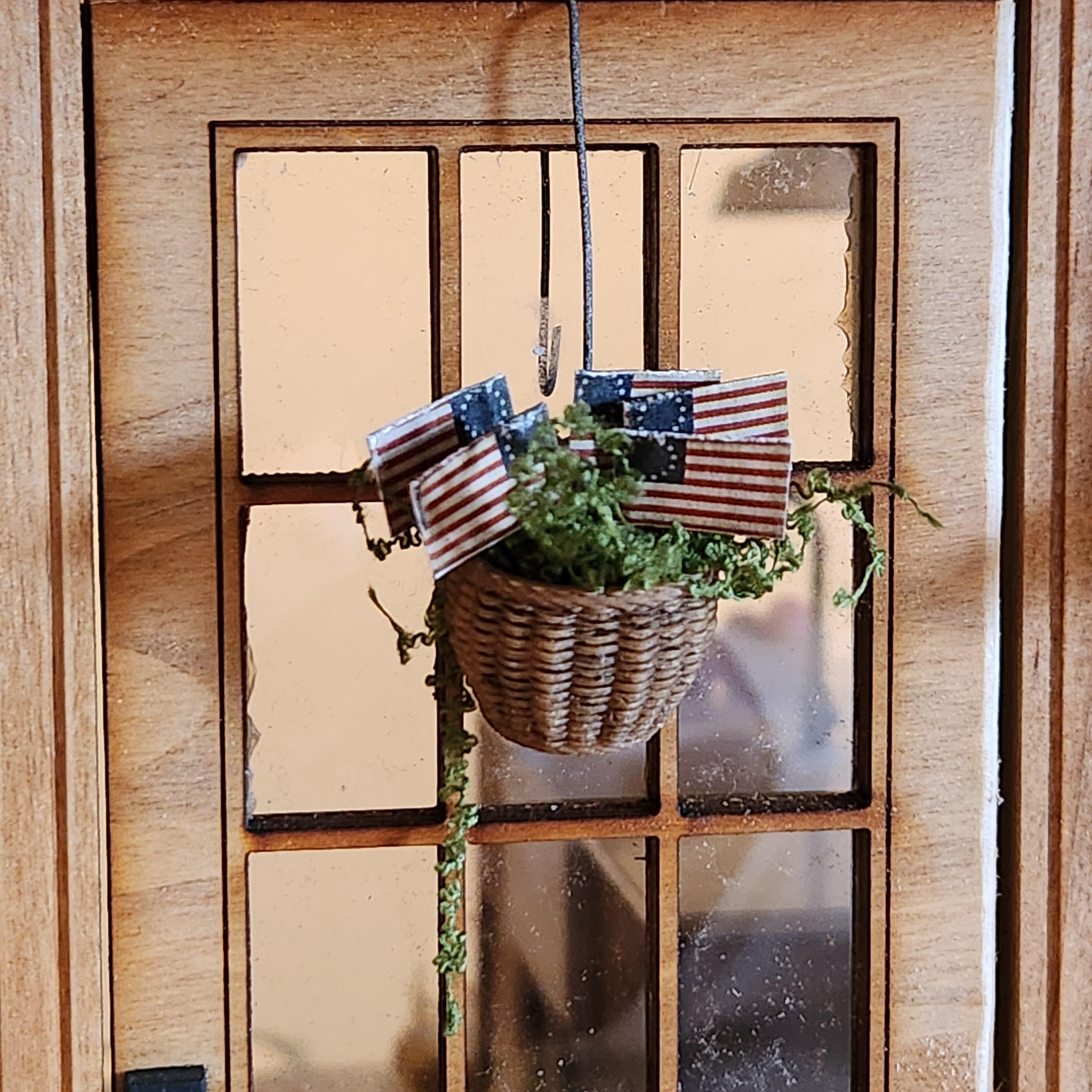 1:12 Scale Patriotic Hanging Flag Basket | Betsy Ross Miniature Decor | America’s 250th Birthday Dollhouse Accessory