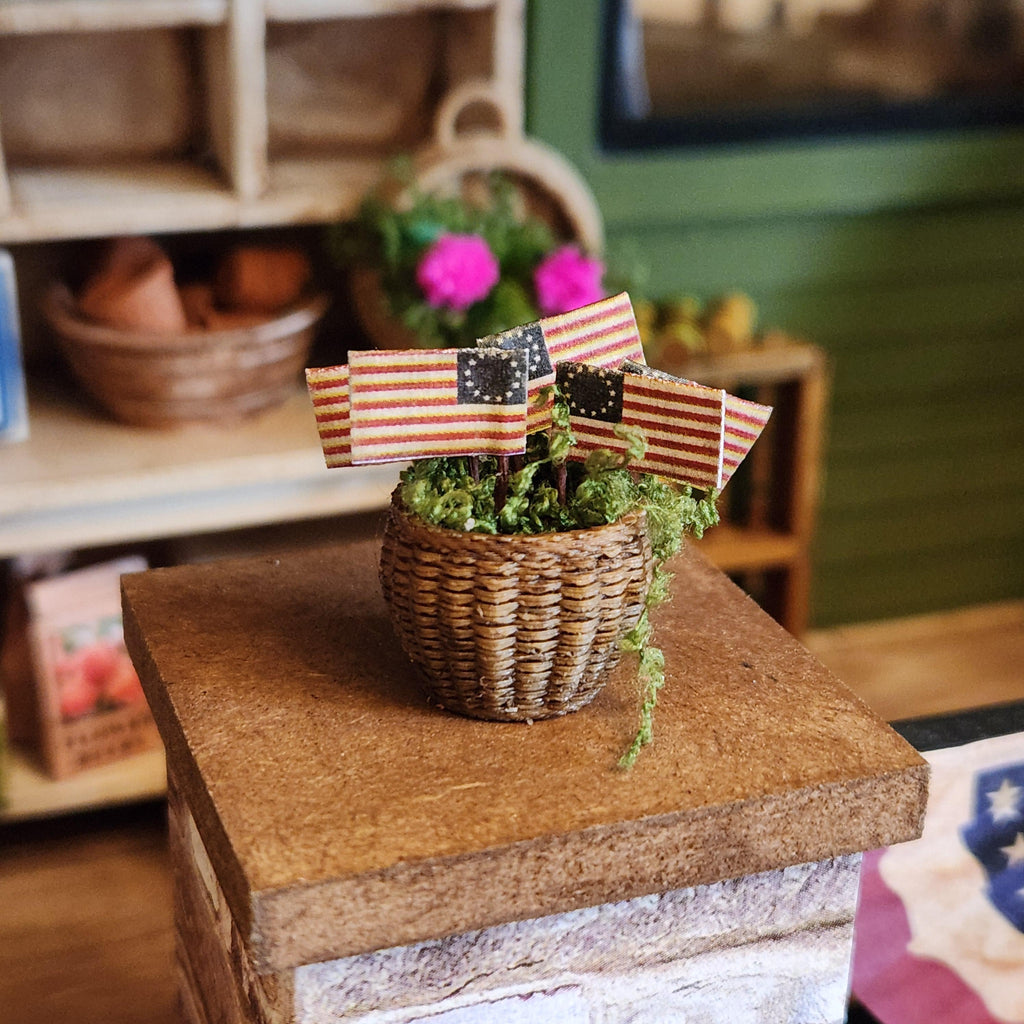 1:12 Scale Patriotic Hanging Flag Basket | Betsy Ross Miniature Decor | America’s 250th Birthday Dollhouse Accessory