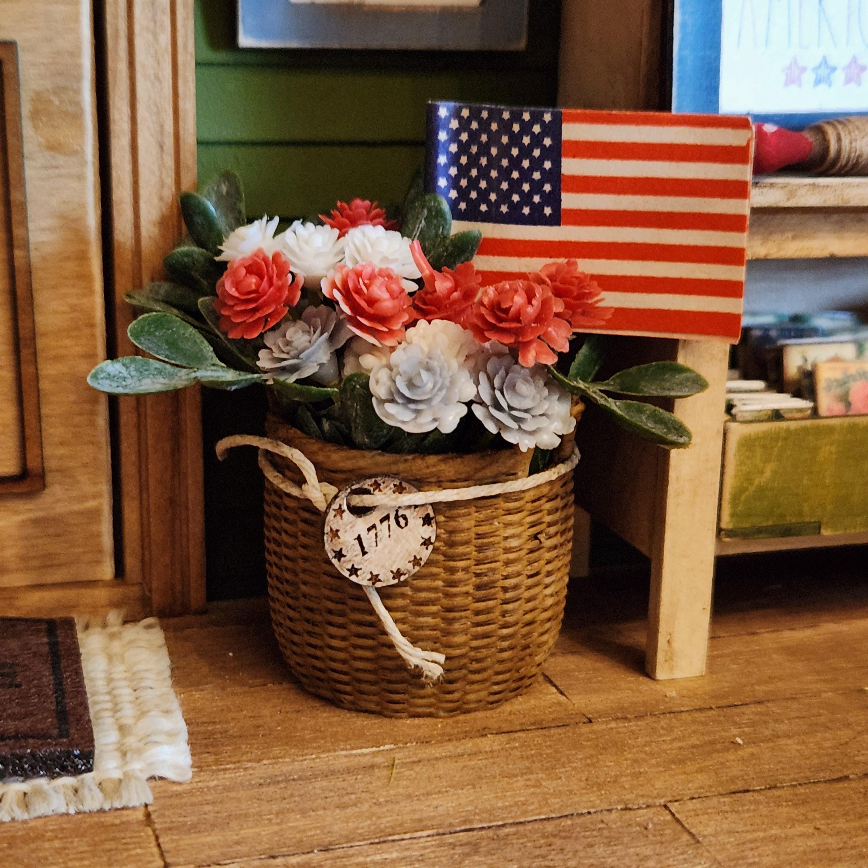 1:12 Scale Patriotic Floral Flag Basket | American Flag Miniature Decor | America’s 250th Birthday Dollhouse Accessory