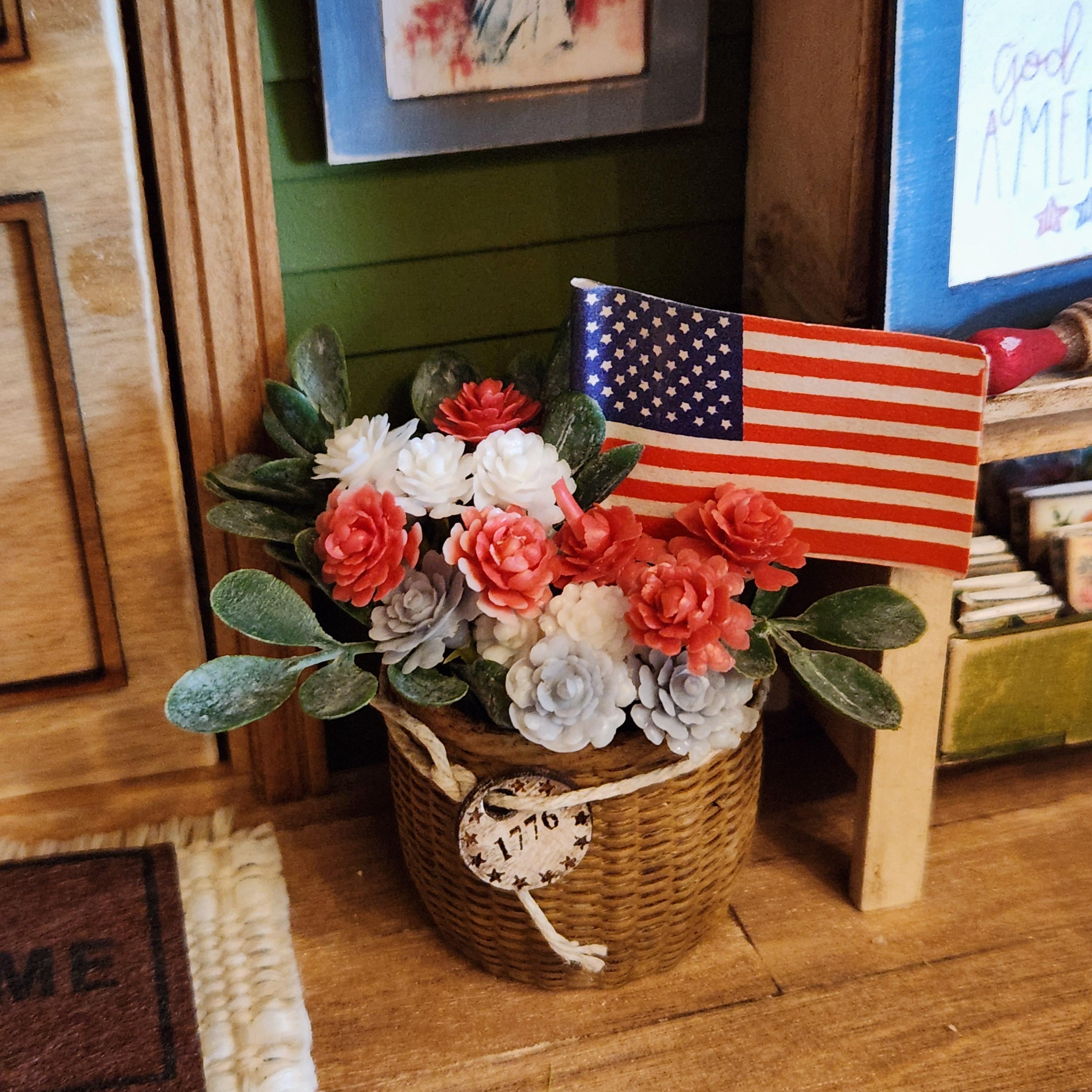 1:12 Scale Patriotic Floral Flag Basket | American Flag Miniature Decor | America’s 250th Birthday Dollhouse Accessory