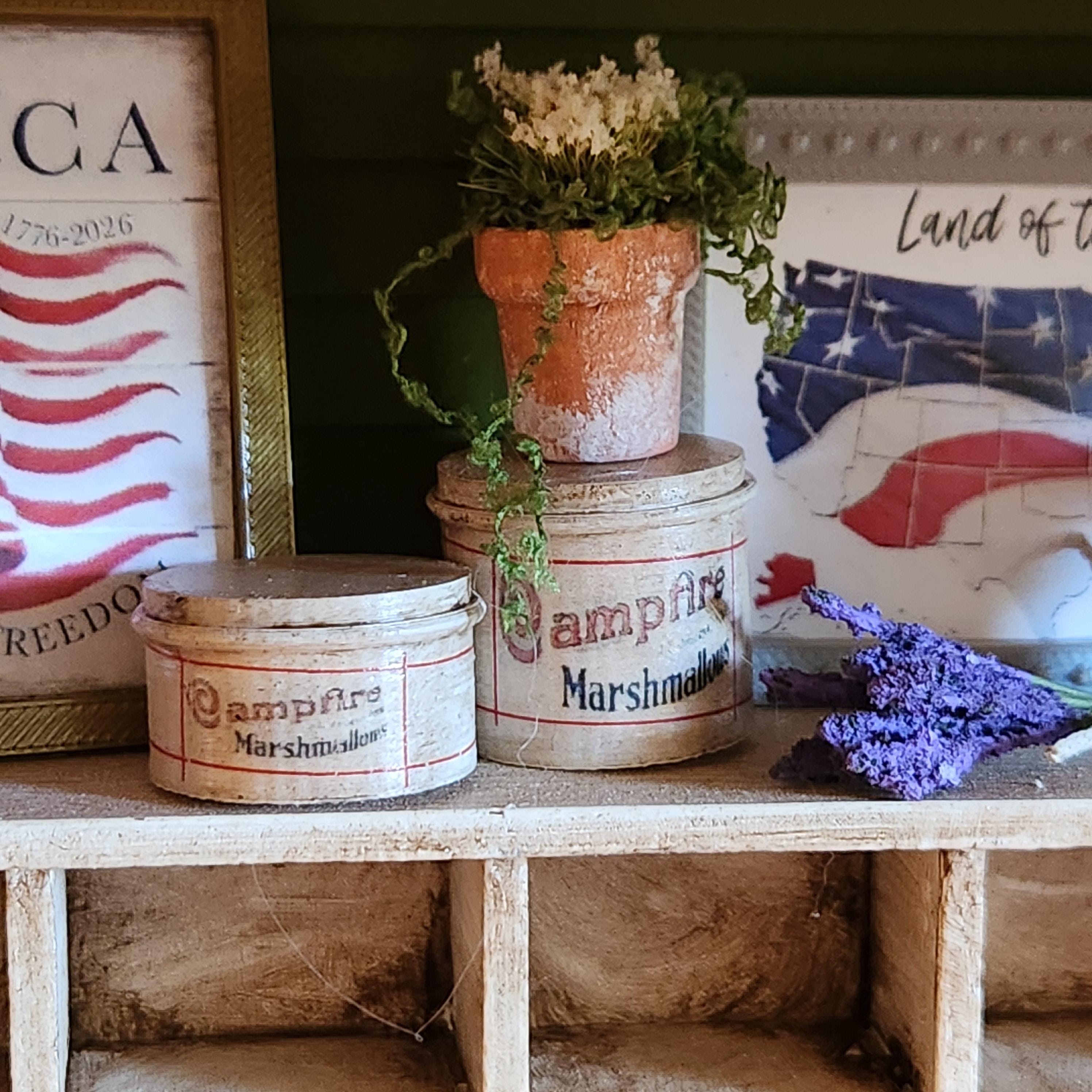 1:12 Scale Campfire Marshmallows Tin | American Flag Miniature Decor | America’s 250th Birthday Dollhouse Accessory