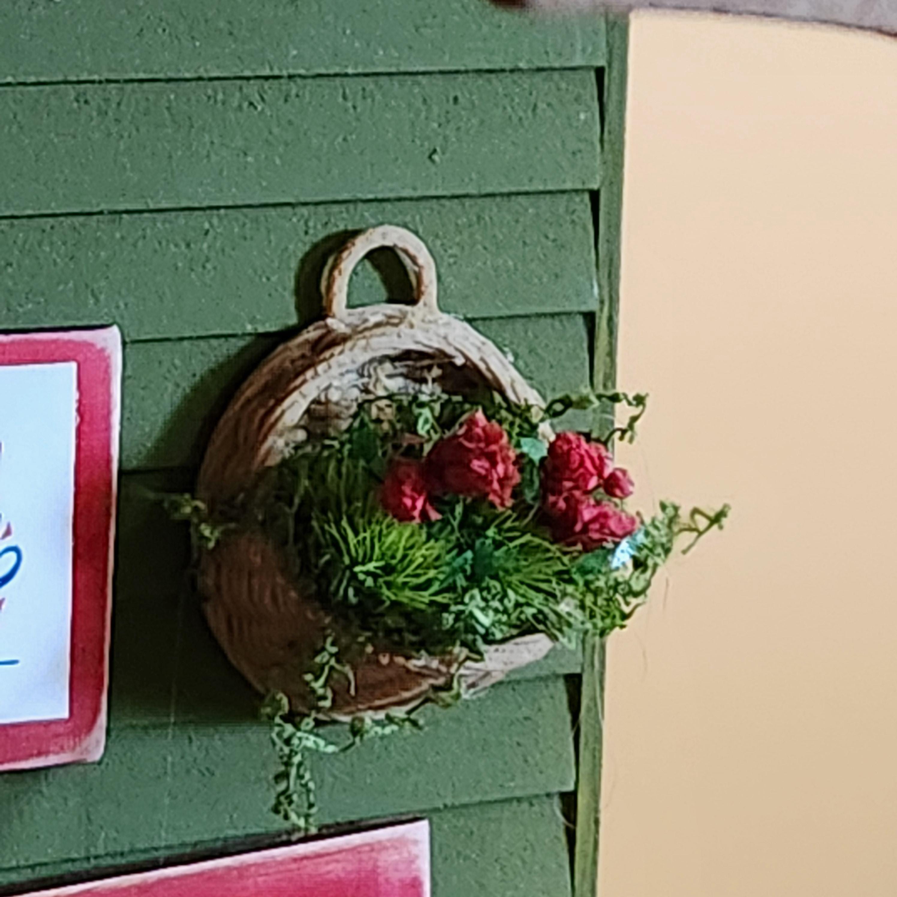 1:12 Scale Hanging Flower Basket | Miniature Red or Pink Geraniums