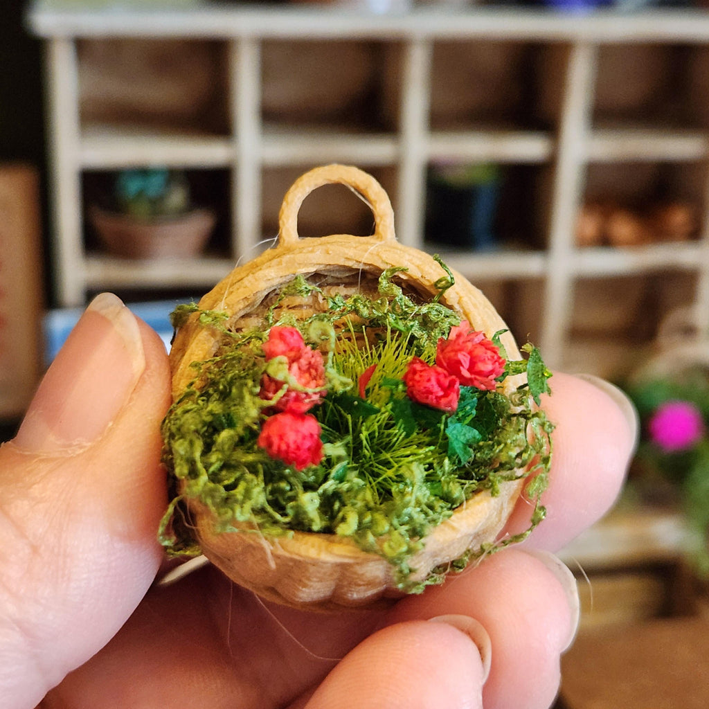 1:12 Scale Hanging Flower Basket | Miniature Red or Pink Geraniums