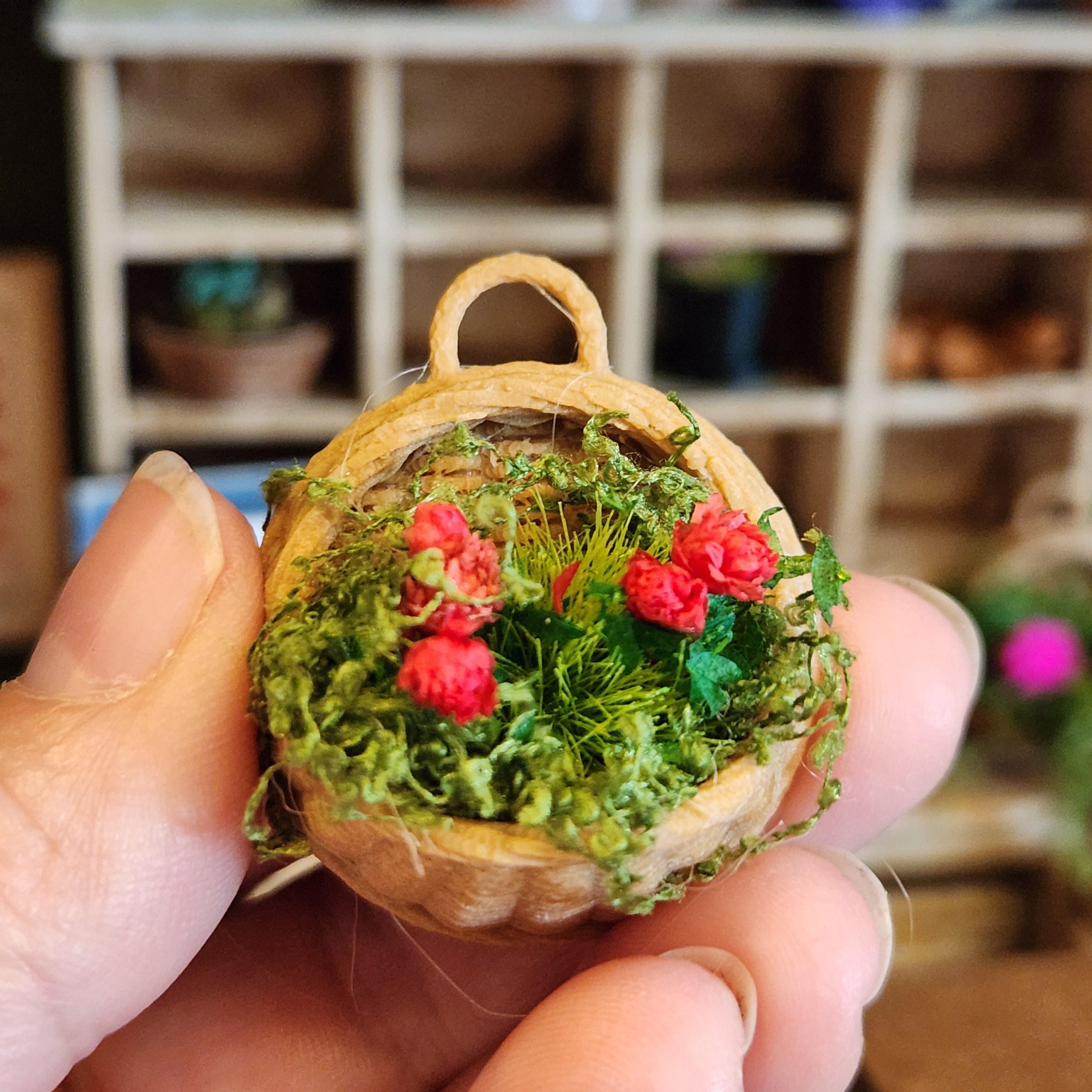 1:12 Scale Hanging Flower Basket | Miniature Red or Pink Geraniums